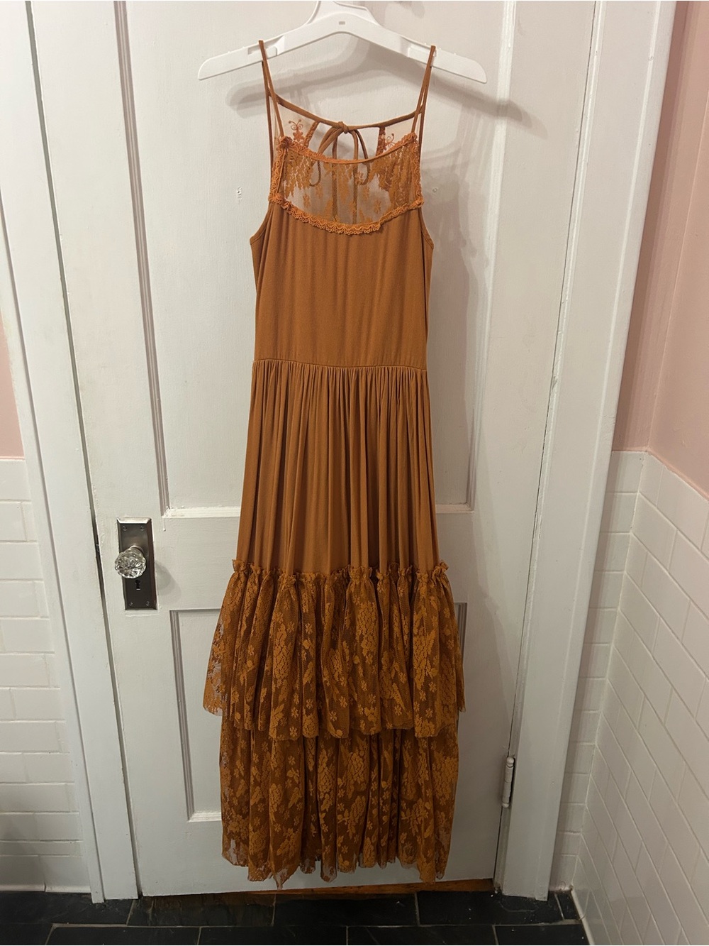 Rust Lace-Trim Maxi Dress with Tiered Skirt